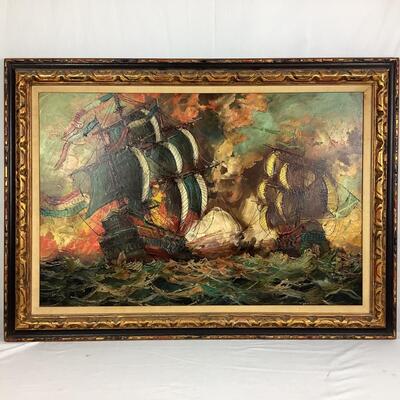 957 Mid Century Original Oil on Canvas "Battle at Sea" by Vesselli