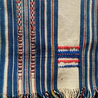 Vintage Fringed Woven Textile Red ,White & Blue