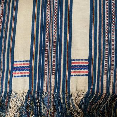 Vintage Fringed Woven Textile Red ,White & Blue