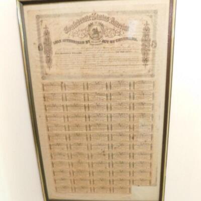 Confederate States of America Civil War Confederate Seal Bond #6144 Framed Under Glass $500 in $15 Coupons