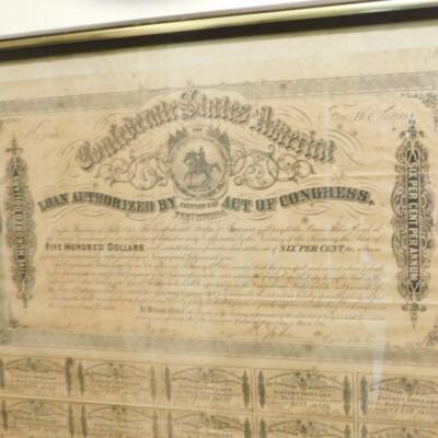 Confederate States of America Civil War Confederate Seal Bond #6144 Framed Under Glass $500 in $15 Coupons
