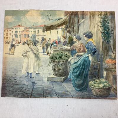 959 Original Watercolor of 1901 Italian Street Scene Giuseppe Vizzotto Alberti (1892-1931)