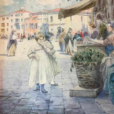 959 Original Watercolor of 1901 Italian Street Scene Giuseppe Vizzotto Alberti (1892-1931)