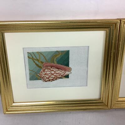 965 Set of 4 Gold Framed Shell Designs Needlepoint Wall Art