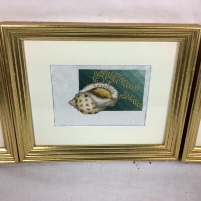 965 Set of 4 Gold Framed Shell Designs Needlepoint Wall Art