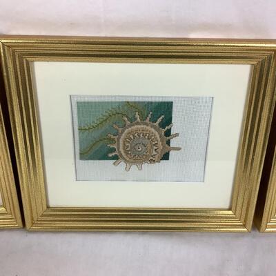 965 Set of 4 Gold Framed Shell Designs Needlepoint Wall Art