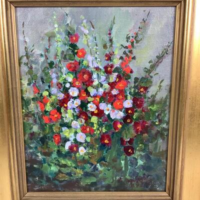 966 Original Oil on Board "Hat Creek Hollyhocks" by Joyce Zeigler