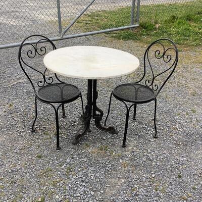 254 Wrought Iron Marble-Top Table with (2) Ice Cream Parlor Chairs