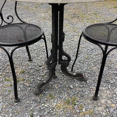 254 Wrought Iron Marble-Top Table with (2) Ice Cream Parlor Chairs