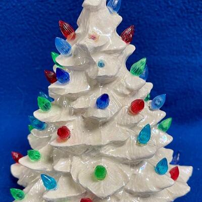 Vintage White Ceramic Christmas Tree with Colorful Plastic Bulbs