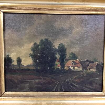 978 Antique Primitive Cottage in Landscape Oil Painting