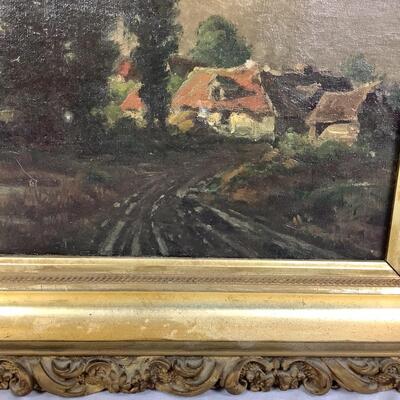 978 Antique Primitive Cottage in Landscape Oil Painting