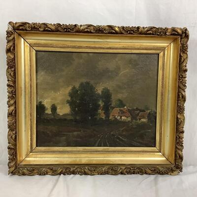 978 Antique Primitive Cottage in Landscape Oil Painting