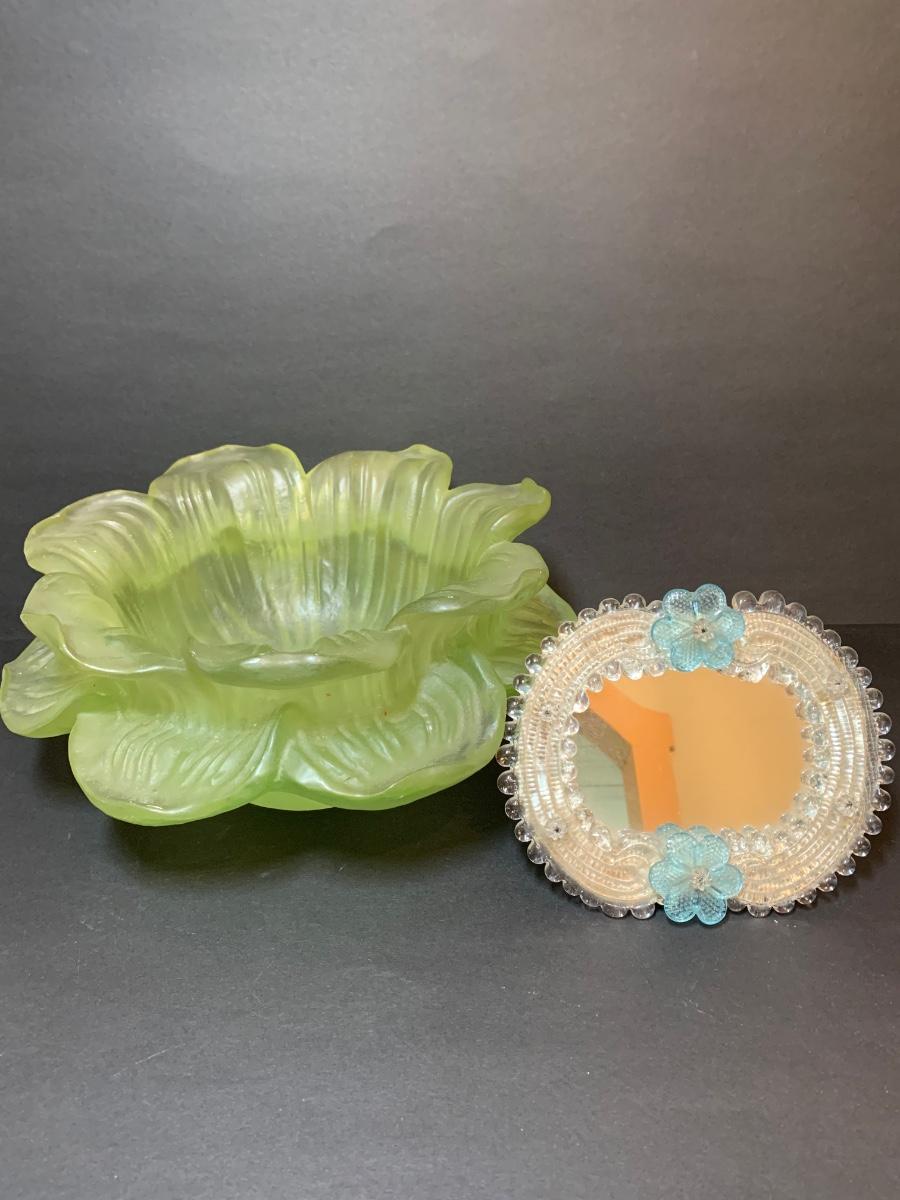 LOT 91R Vintage Flower Bowl/Vase & Table Top Mirror w/Aqua Flowers
