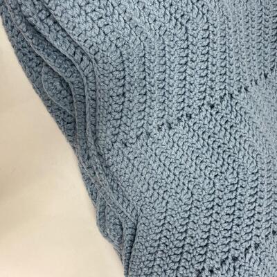 Soft Blue Afghan Crochet Knit Blanket Throw Zig Zag Edge