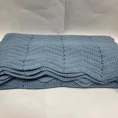 Soft Blue Afghan Crochet Knit Blanket Throw Zig Zag Edge