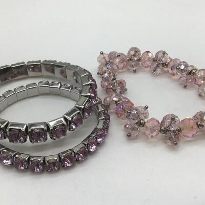 Glass And Rhinestone pink Stretch Bracelet. Set of 3