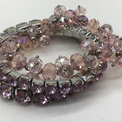 Glass And Rhinestone pink Stretch Bracelet. Set of 3