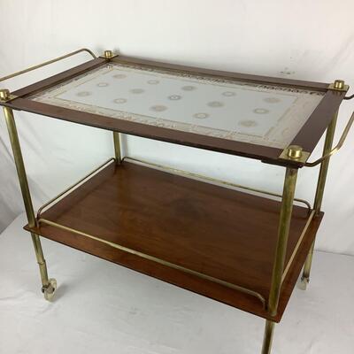 987  Georges Briard Mid-Century Wood & Brass 2-Tier Bar Cart