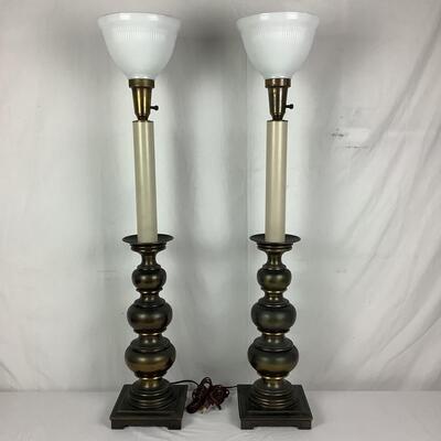 995 Pair of Vintage Solid Brass Candle Stick Table Lamps w Milk Glass Globes