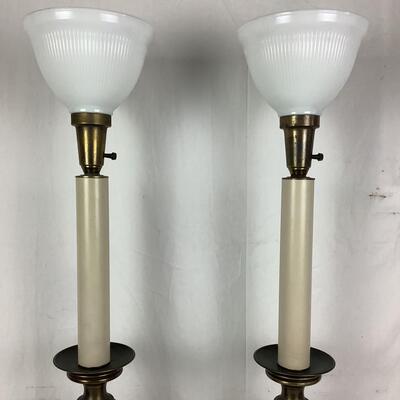 995 Pair of Vintage Solid Brass Candle Stick Table Lamps w Milk Glass Globes