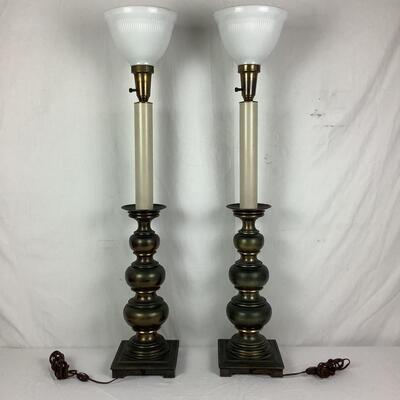 995 Pair of Vintage Solid Brass Candle Stick Table Lamps w Milk Glass Globes