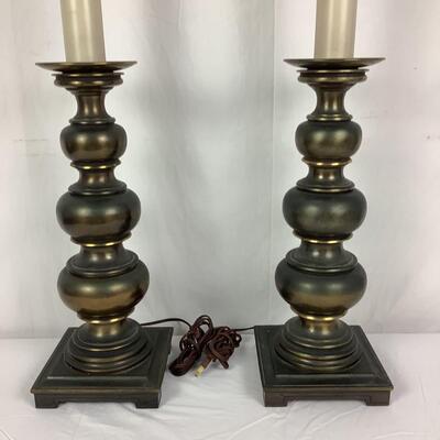 995 Pair of Vintage Solid Brass Candle Stick Table Lamps w Milk Glass Globes