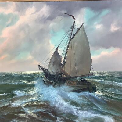 997 Original Vintage Oil Painting by Accomplished German Seascape Artist V. Berk. Scene of Sailboat on Rough Seas