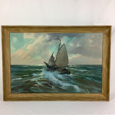 997 Original Vintage Oil Painting by Accomplished German Seascape Artist V. Berk. Scene of Sailboat on Rough Seas