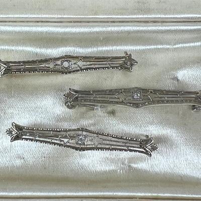 1004 Set of 14kt White Gold Filigree Diamond and Pearl Pins