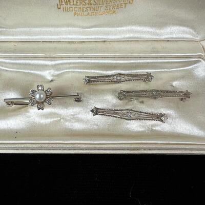 1004 Set of 14kt White Gold Filigree Diamond and Pearl Pins