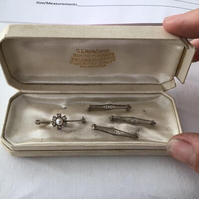1004 Set of 14kt White Gold Filigree Diamond and Pearl Pins