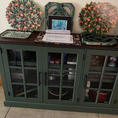 Painted Green Glass 4 Door Cabinet with Shelf Twin Star International