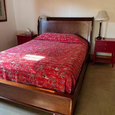 Queen Size Red Quilted Bed Covering Coverlette Bird Floral Motif