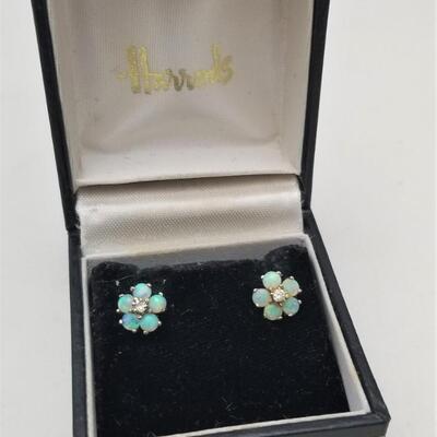 Lot #24  Pair of Opal and Diamond Pierced Earrings in original Harrods box - 14kt