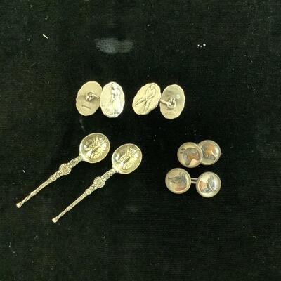 1015 Sterling Silver Golf Cuff Links, Salt Spoons, and Reverse Painted Cuff links