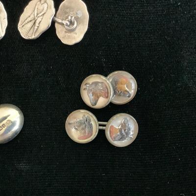 1015 Sterling Silver Golf Cuff Links, Salt Spoons, and Reverse Painted Cuff links