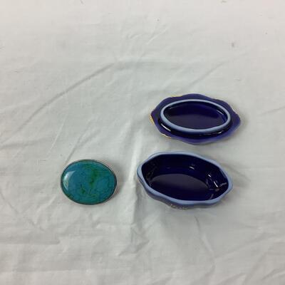 1020 Arts & Crafts RUSKIN Pottery Brooch and Limoges Porcelain Box