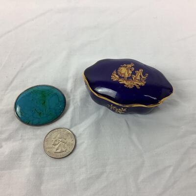 1020 Arts & Crafts RUSKIN Pottery Brooch and Limoges Porcelain Box