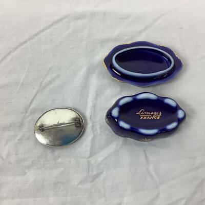 1020 Arts & Crafts RUSKIN Pottery Brooch and Limoges Porcelain Box