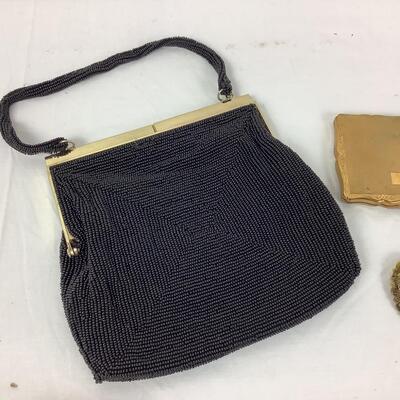 1021 Vintage Beaded Bag with Stratton Compact,Lipstick, and Silvertone Belt