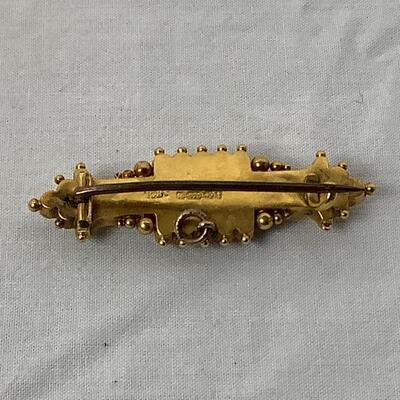 1023 Antique 15kt Yellow Gold Filigree Pin with Old Mine Cut Diamond with British Hallmark