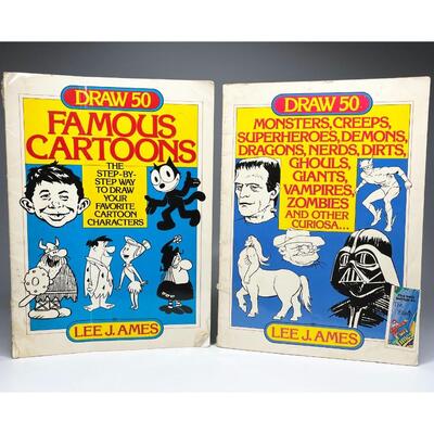 Pair of Vintage Art Books Draw 50 Famous Cartoons & Monsters, Creeps, Superheroes, Demons & More by Lee J. Ames