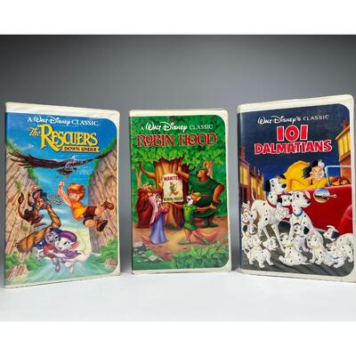 Retro Lot of Walt Disney Classic VHS Movies Robin Hood, 101 Dalmatians, & More