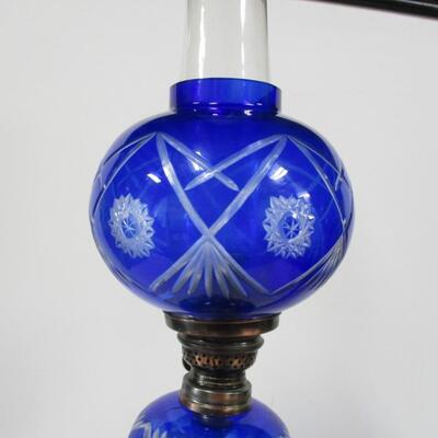Blue Etched Hurricane Lamp