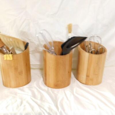 Bamboo Wood Canisters Full of Kitchen Utensils
