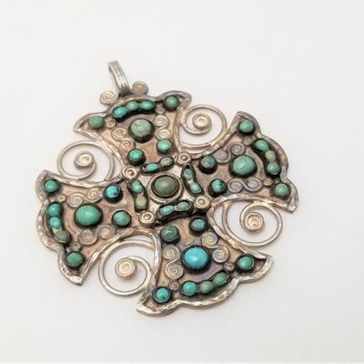 Lot #27  Vintage Mexican Sterling Silver Pendant set with Southwest Green Turquoise