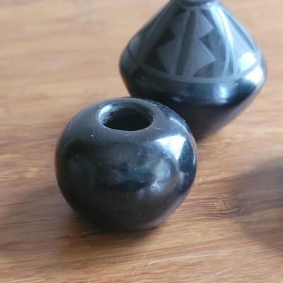 Lot 5: Vintage (3) Black San Ildefonso Miniature Seed Pots Signed