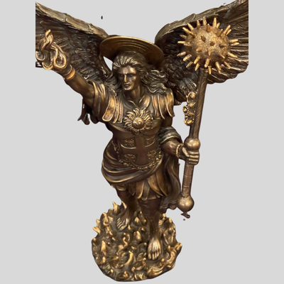 Archangel Uriel Battle Angel with Mace & Torch Bronze Patina Statue - 12