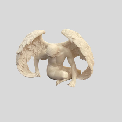 Nude Winged Grieving Male Angel Alabaster Statue - 8" x 5"